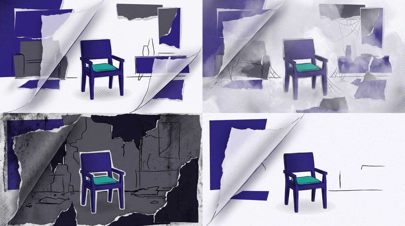 Paper-collage illustration of one armchair with a teal cushion repeated across four different backdrops, a constant seat amid changing surroundings, evoking an investor's return held steady across changing currencies.