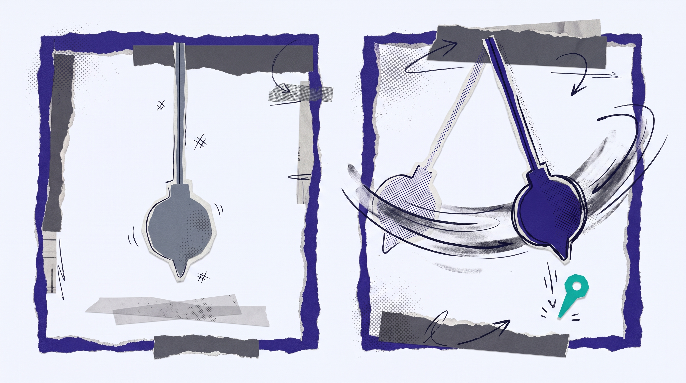 Abstract paper-collage diptych of a pendulum first at rest, then released by a small teal pin, representing an action-forcing event.