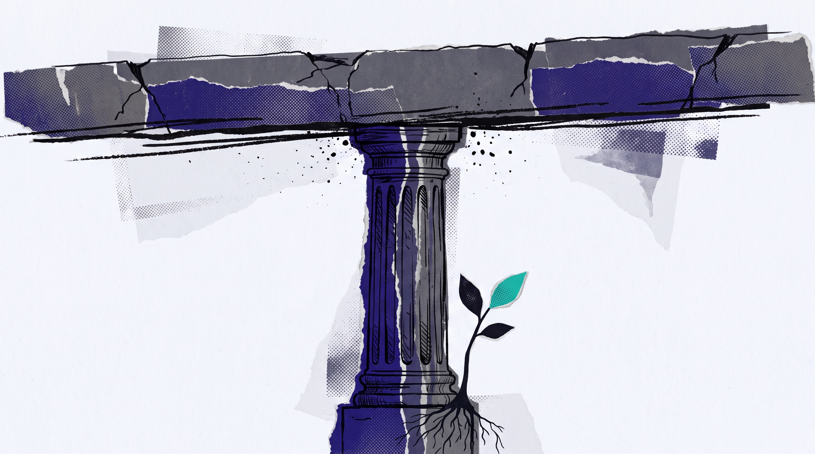 Abstract paper-collage illustration of a stone column beneath a long horizontal beam, with a small seedling growing at its base, representing permanence and patient long-term growth.