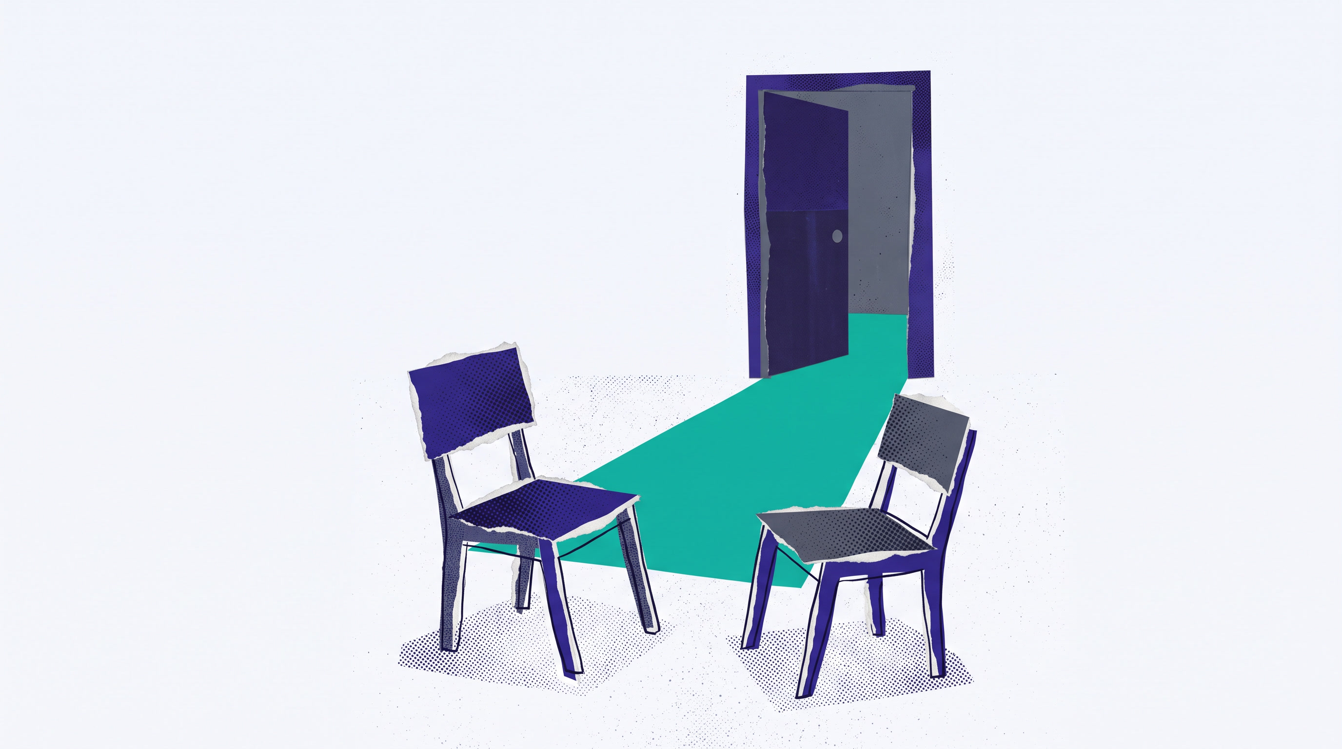 Paper collage: two chairs turned toward each other in a bare room, with an open door and a teal path of light behind them.