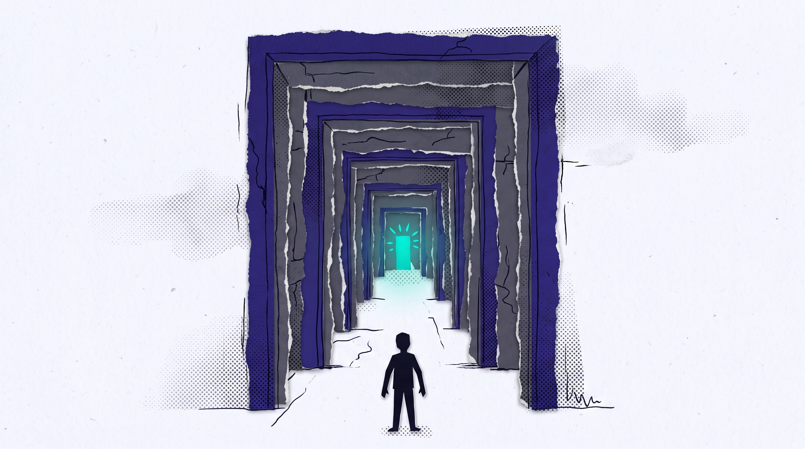 A figure stands before a series of successively narrower stone doorframes leading to one small glowing teal doorway in the distance — paper-collage illustration representing how specific fund activities narrow the path toward effectively connected income exposure, while most funds pass through freely.
