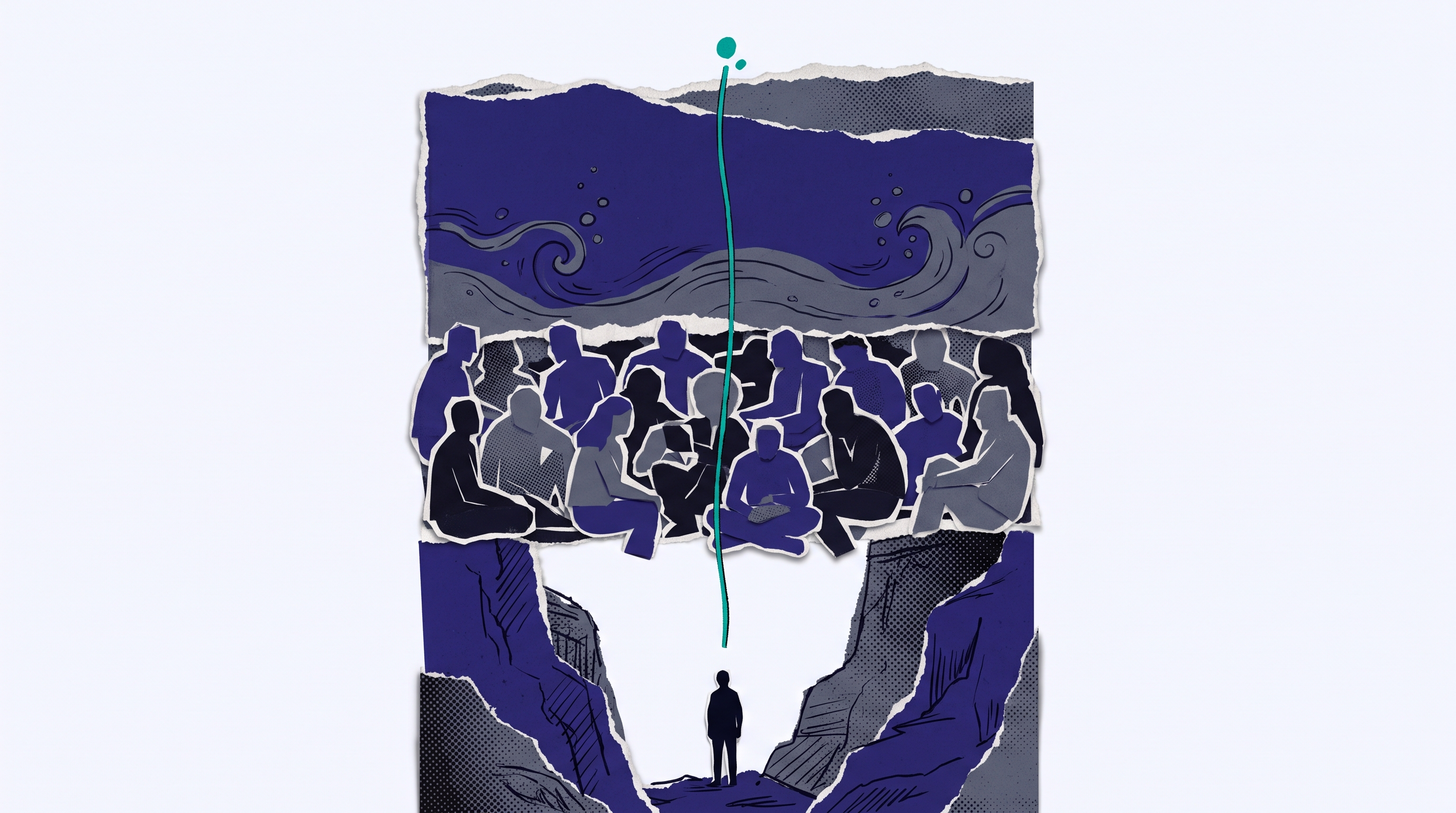 Abstract paper-collage illustration of three layered tiers with a single teal thread passing through a filter band, representing a gatekeeper layer.