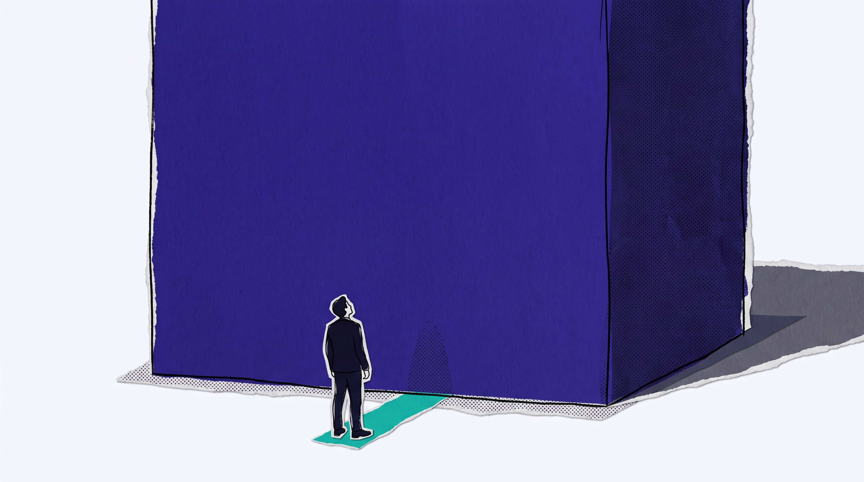 Abstract paper-collage illustration of a tall monolith cropped by the frame with a small figure standing at its foot, representing institutional scale.