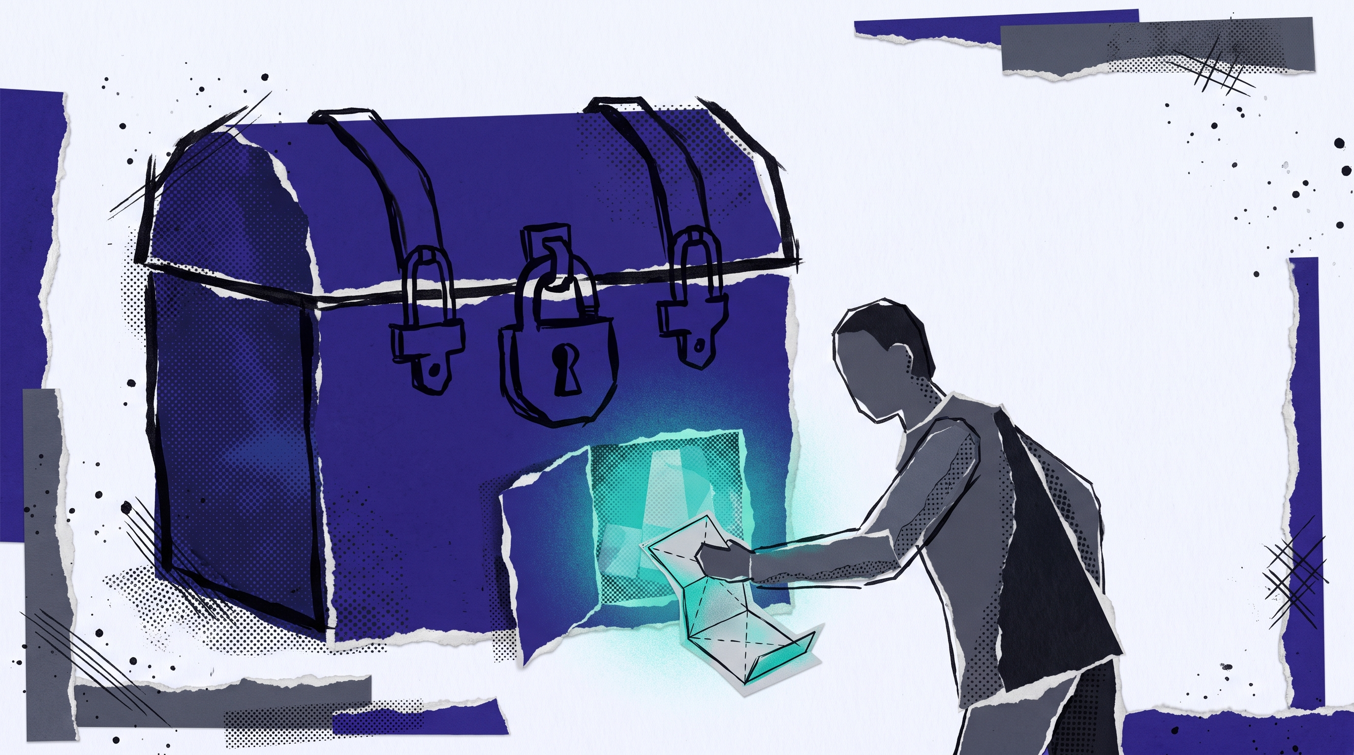 A locked trunk with multiple padlocks and one small glowing side hatch open, releasing a folded document — paper-collage illustration representing a blocker structure that seals off business income while letting a clean dividend through.