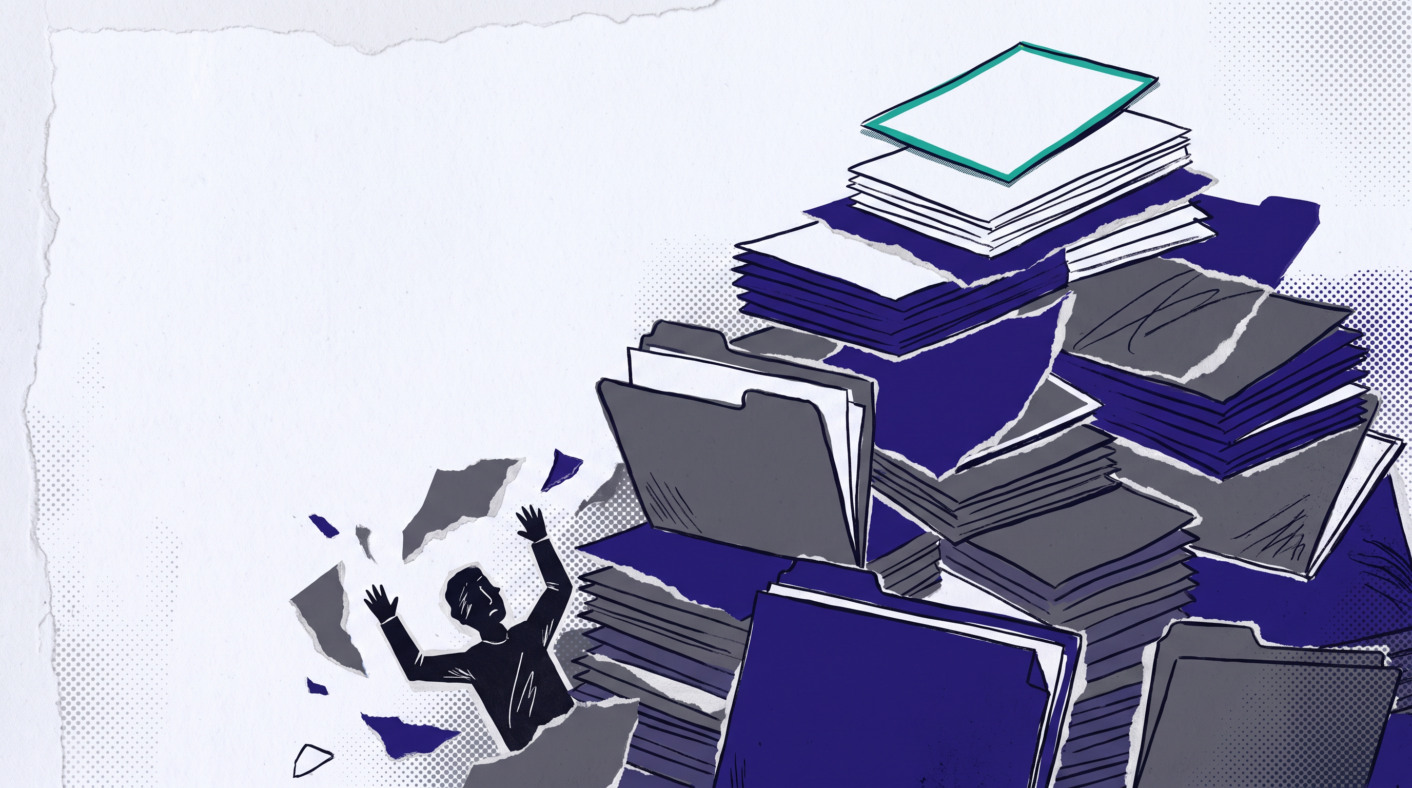A precarious mountain of paper folders and documents with a single blank sheet outlined in teal at the top — paper-collage illustration representing the one PFIC information statement that matters amid a fund's reporting paperwork.