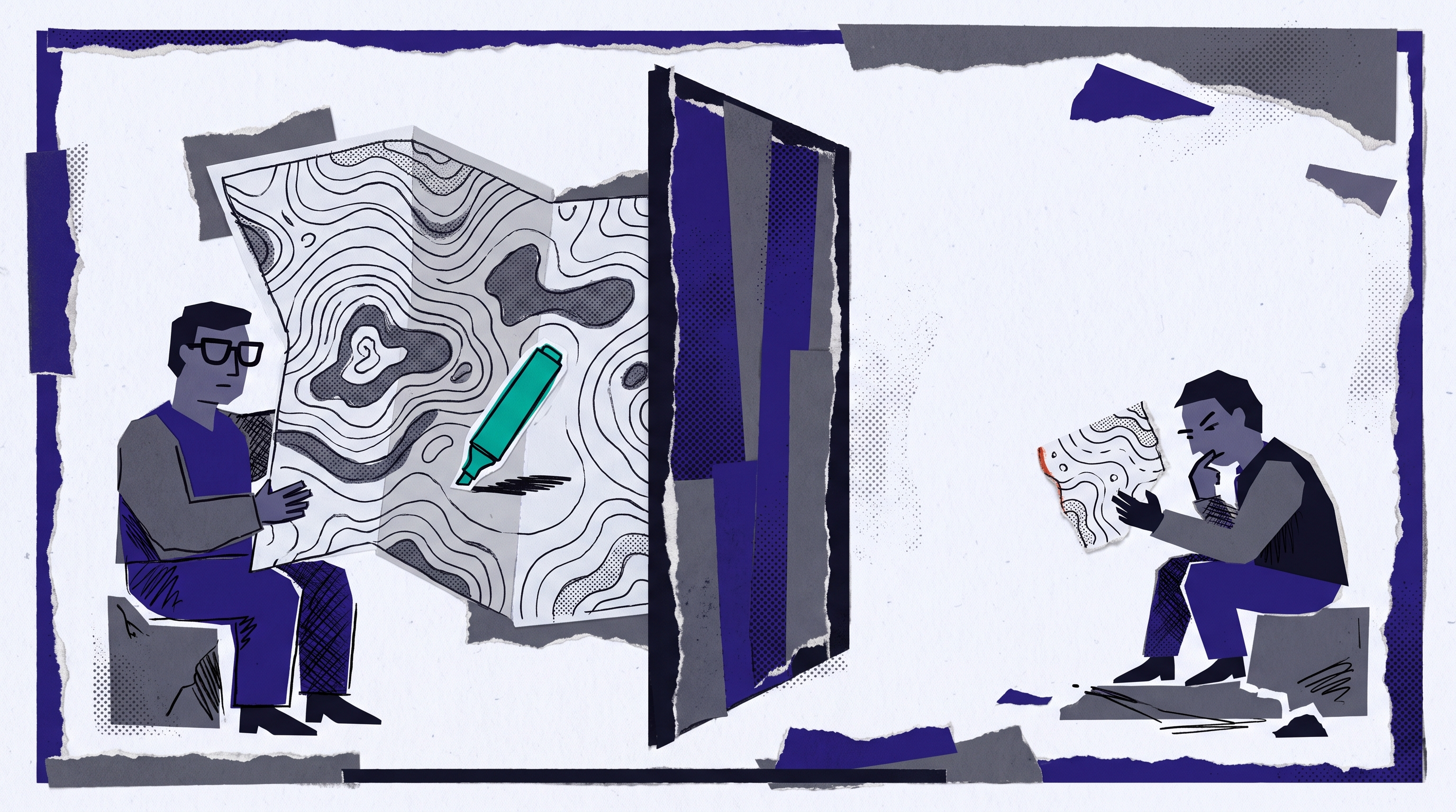 Abstract paper-collage illustration contrasting a complete chart on one side with only a torn corner on the other, representing information asymmetry.