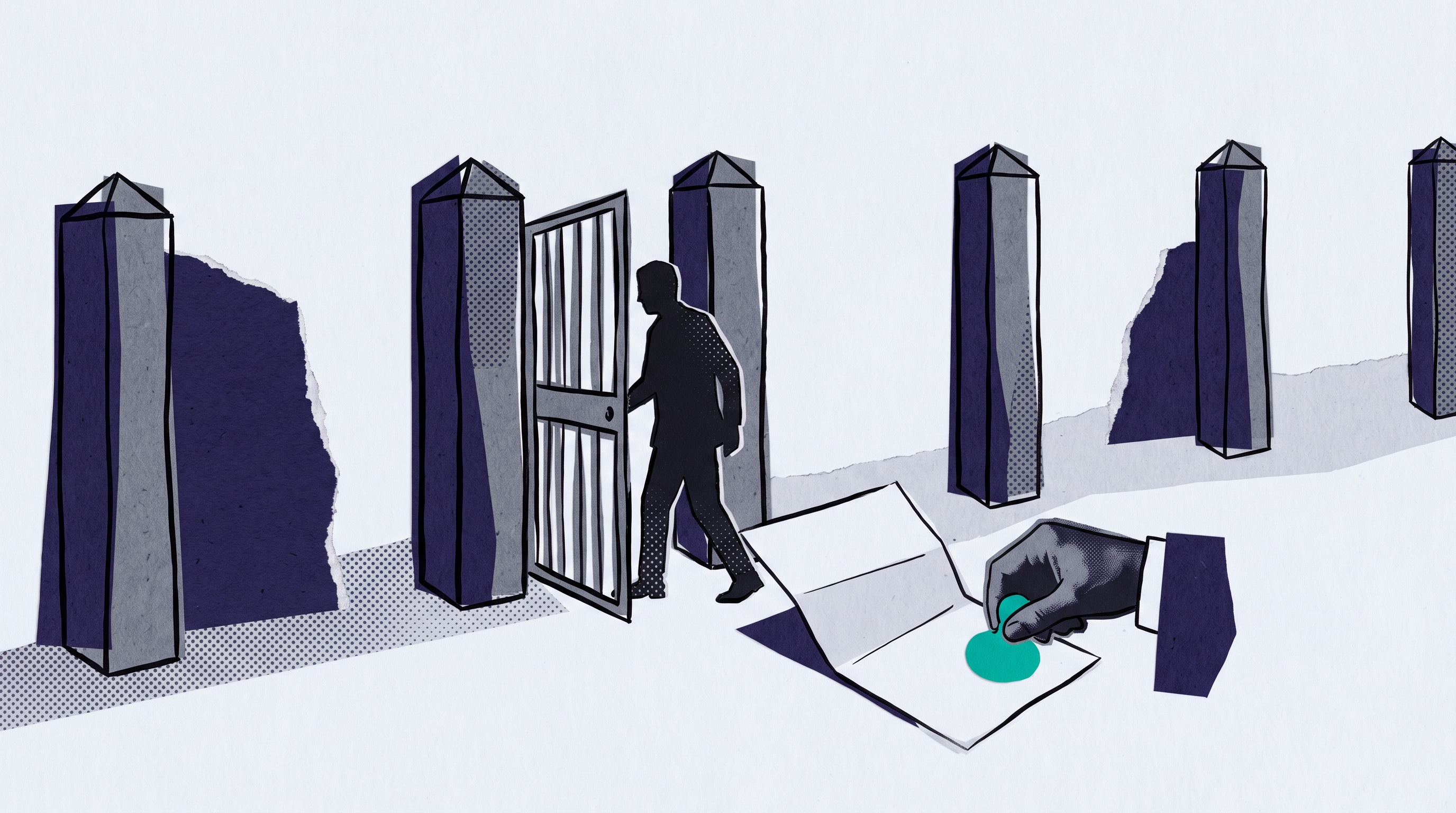 A figure passing through a gate set among standing monoliths, representing movement across borders.