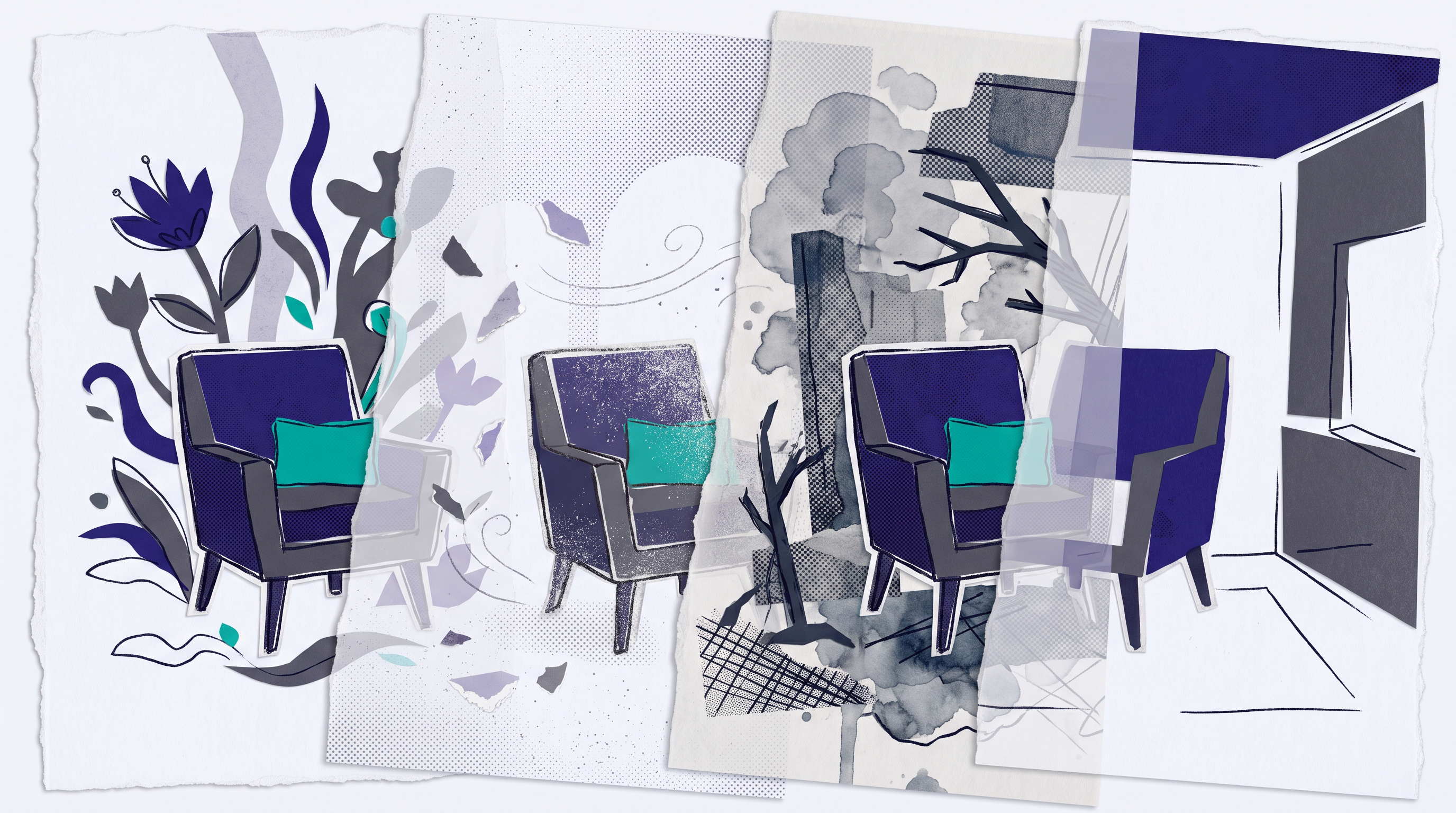 The same armchair with a teal cushion repeated across four different paper-collage backdrops — illustration representing a constant baseline tax reporting obligation carried across changing layers of added requirements.