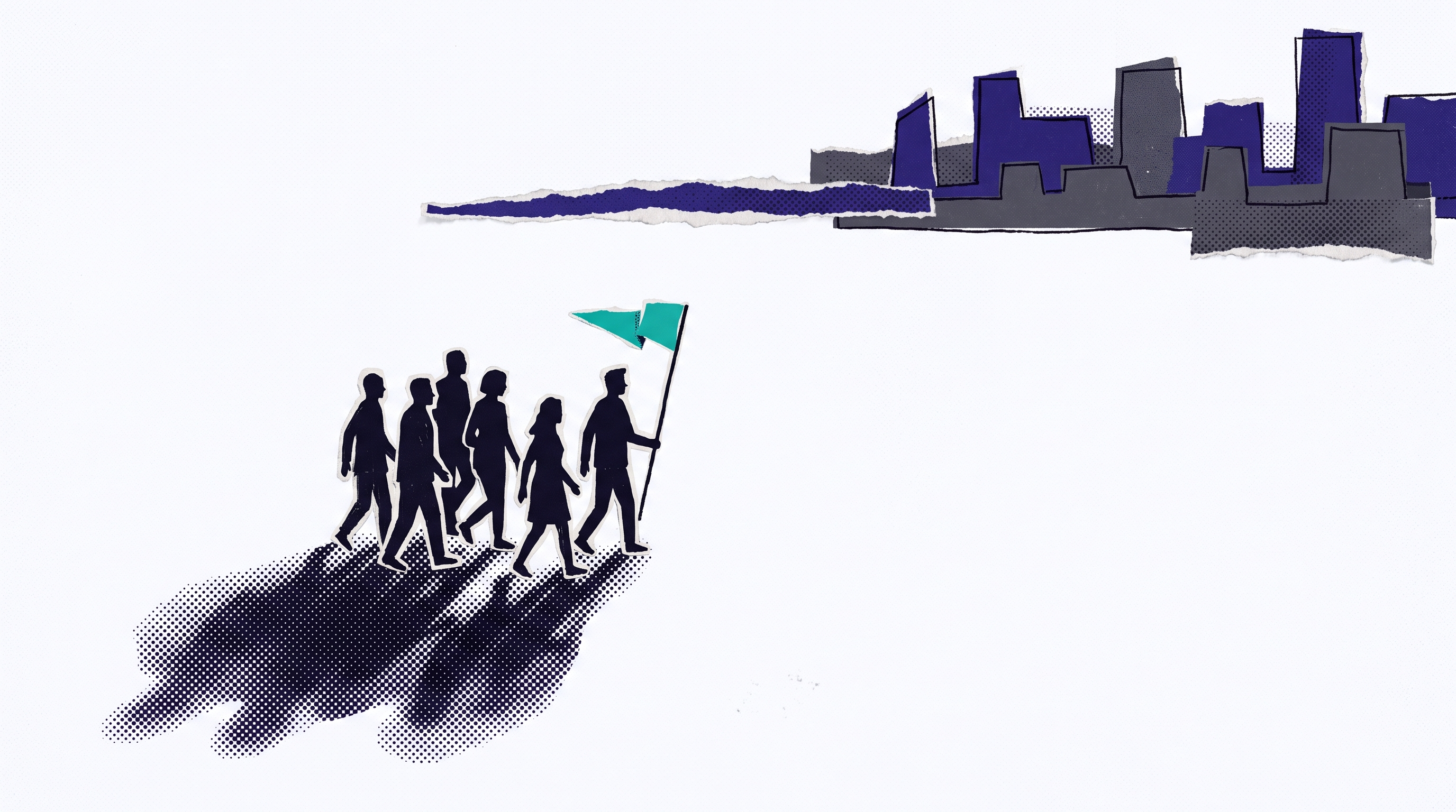 Paper-collage illustration of six figures walking together as one group behind a small teal flag, casting a single merged shadow, with a navy city skyline ahead of them.