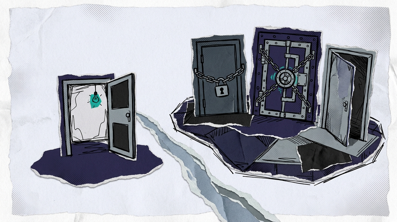 Illustration of two separated platforms, one with a single open door and one with a cluster of guarded doors, representing the U.K.'s separate and simpler fund marketing regime versus the EU's patchwork.