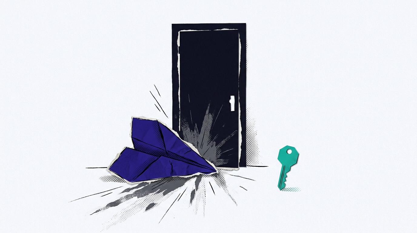 Illustration of a paper airplane deflected off a closed door with an unused key nearby, representing a U.S. manager marketing in Europe before registering.