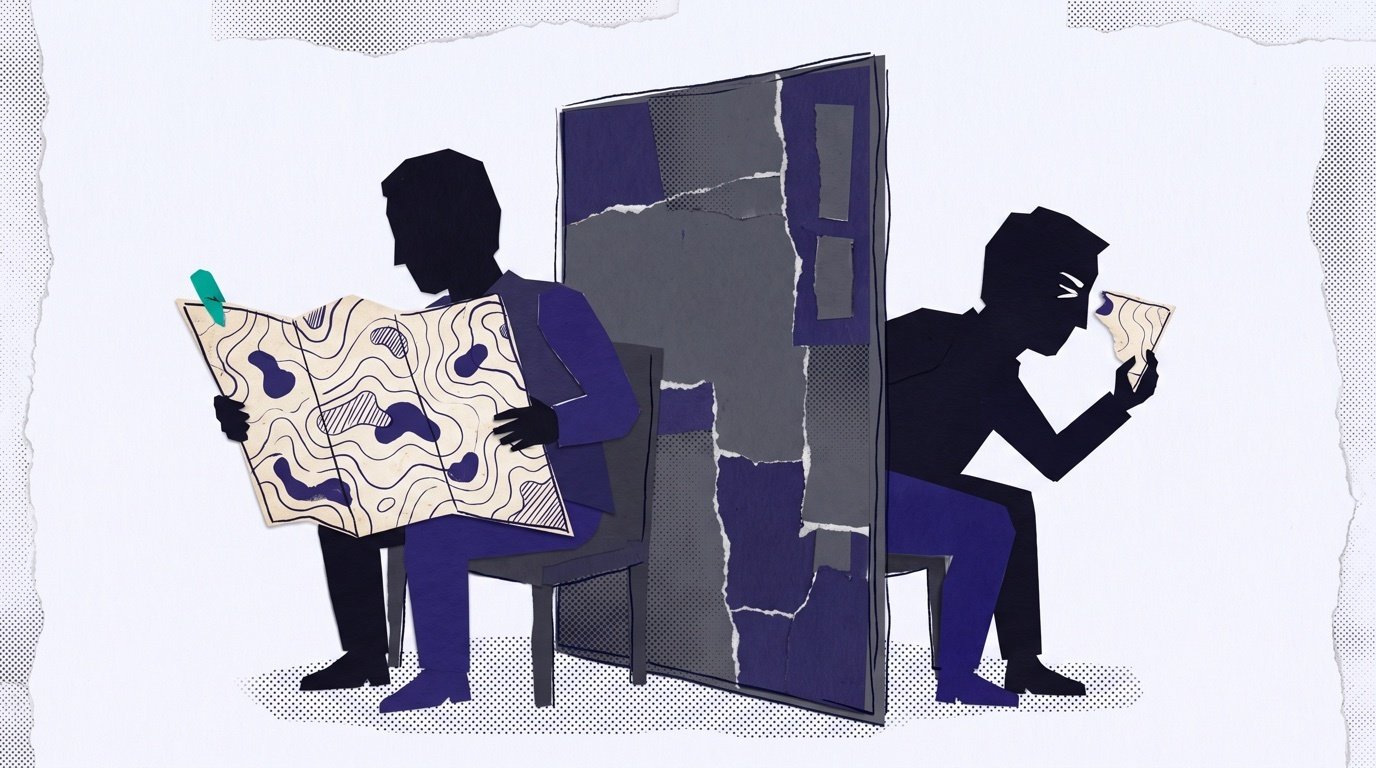 Paper-collage illustration: one figure holds a complete map, the other only a torn corner — the information asymmetry between an introducer and the investor receiving an introduction.