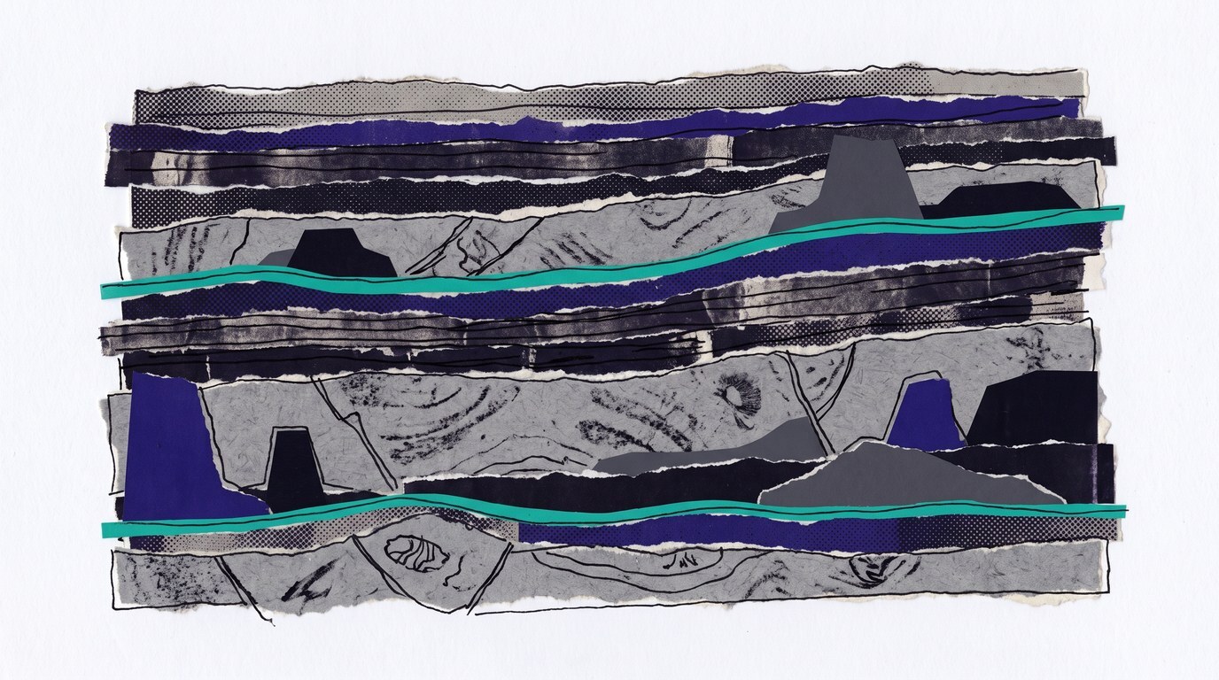 Paper-collage illustration of stacked sedimentary rock strata with one continuous teal seam running through all the layers -- four distinct layers, one thread that connects them.