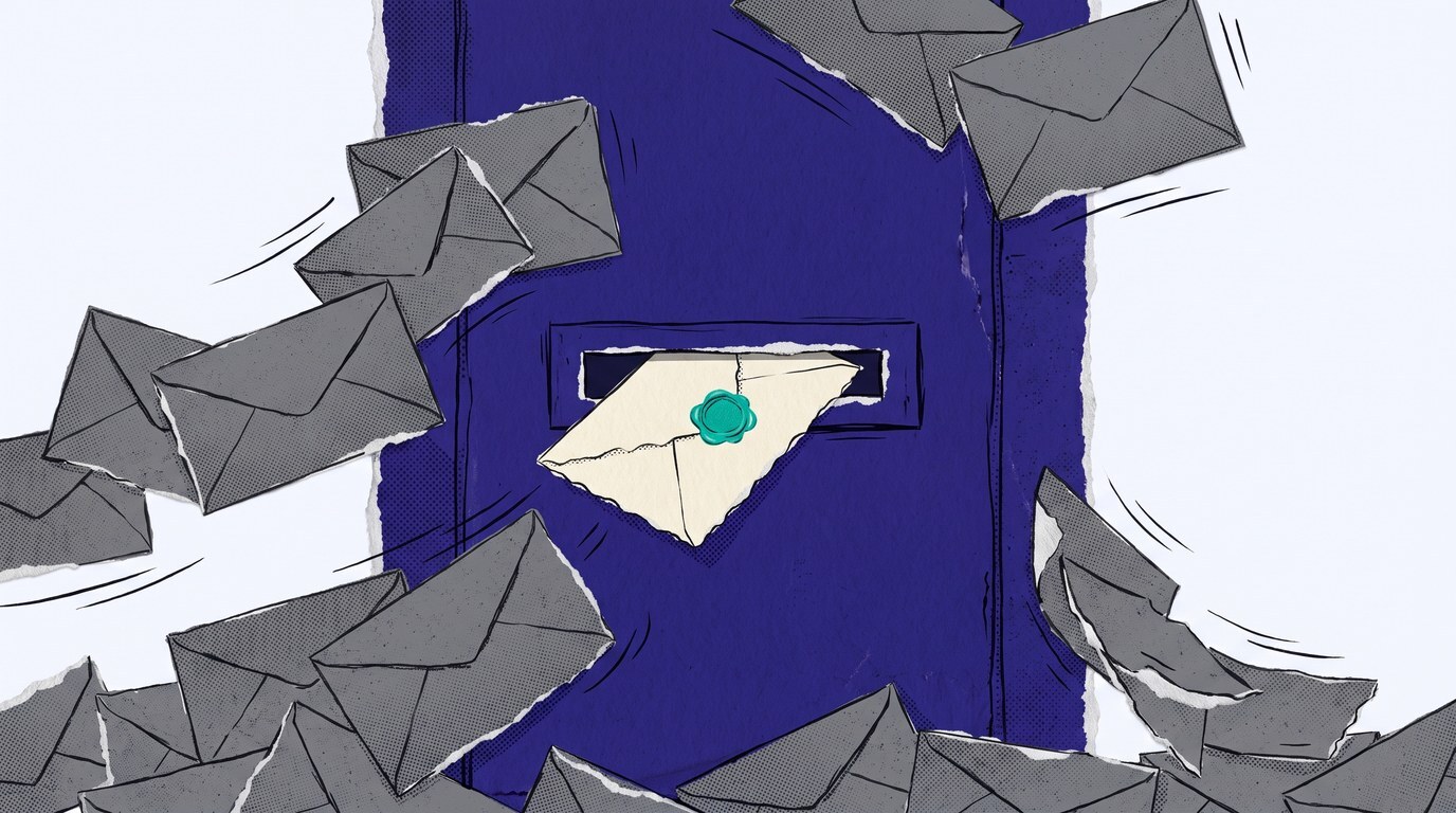 Paper-collage illustration of a swarm of gray envelopes striking a mail slot, with one cream envelope bearing a teal wax seal passing cleanly through — the filter between volume and relevance.