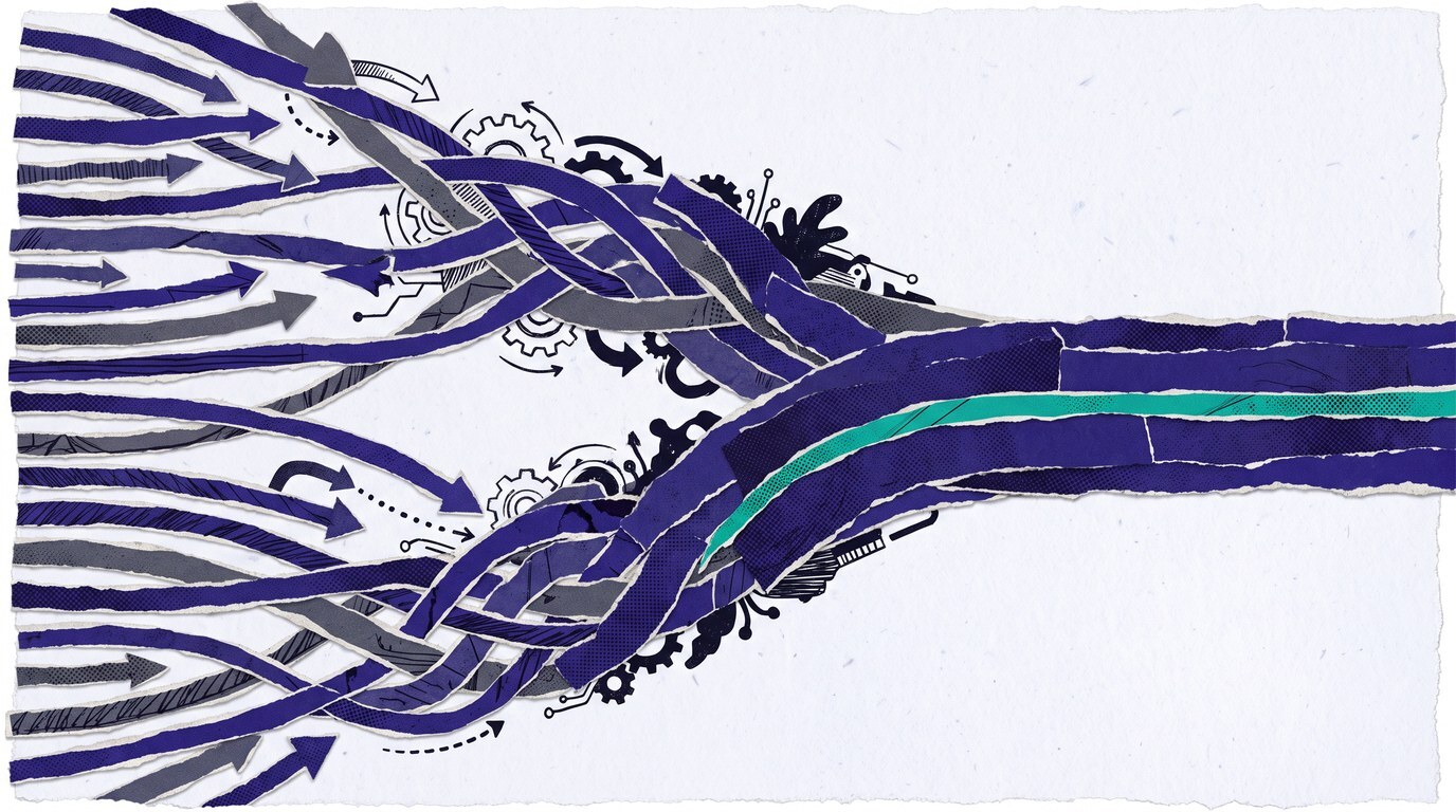 Paper-collage illustration of many braided channels converging into one clear teal stream, evoking the many routes by which a fund manager could reach a family office, filtered to one that fits.