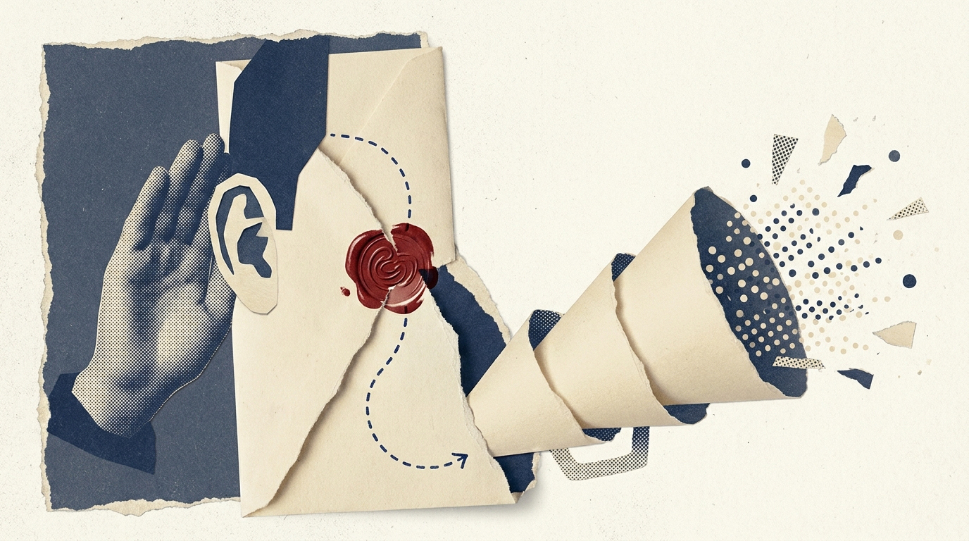 Paper collage: a torn letter splits into a listening hand and ear on one side and an unfurling paper megaphone releasing dots on the other, joined by a red wax seal