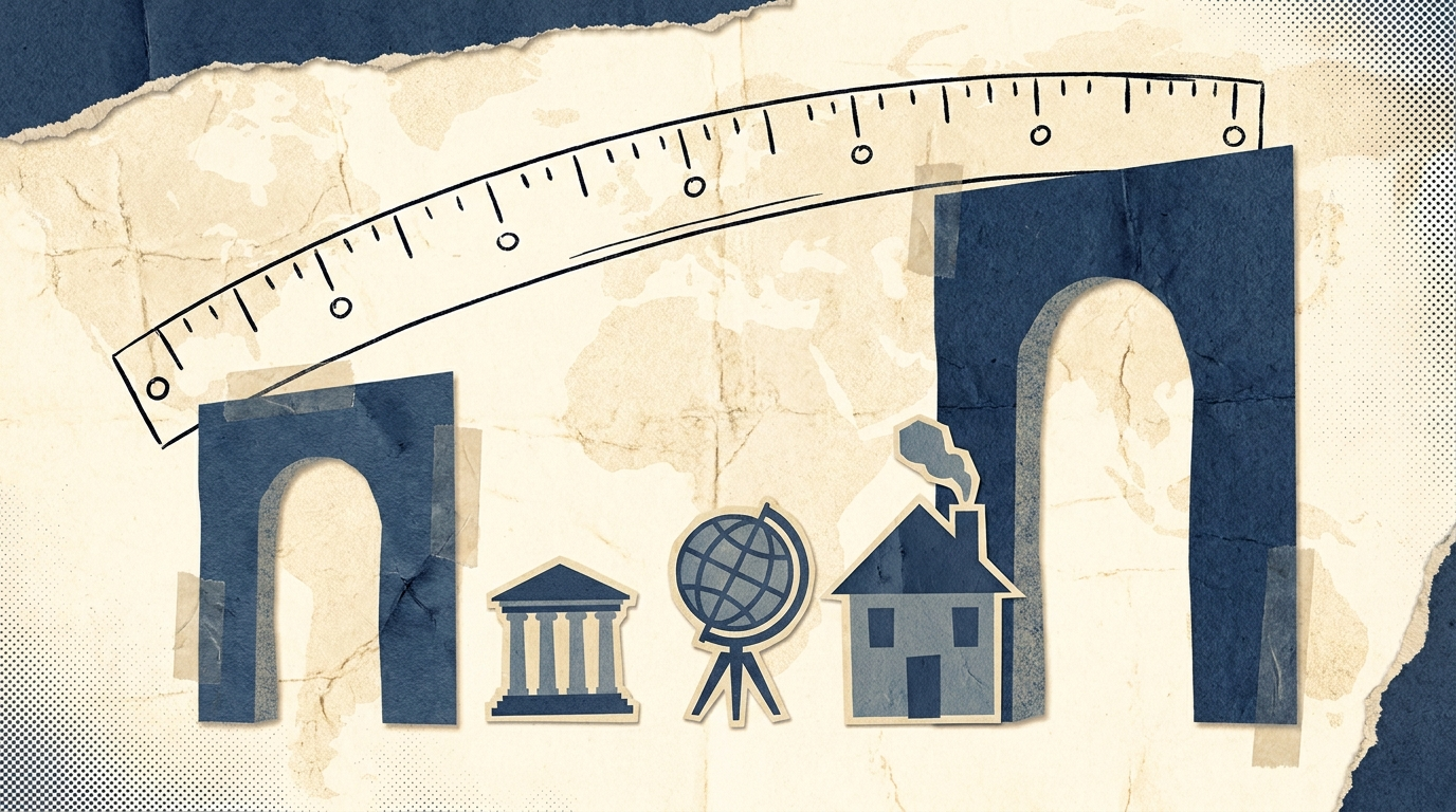 Paper collage: two measuring gates of different heights with cutout institutions queued between them under an arcing hand-drawn ruler