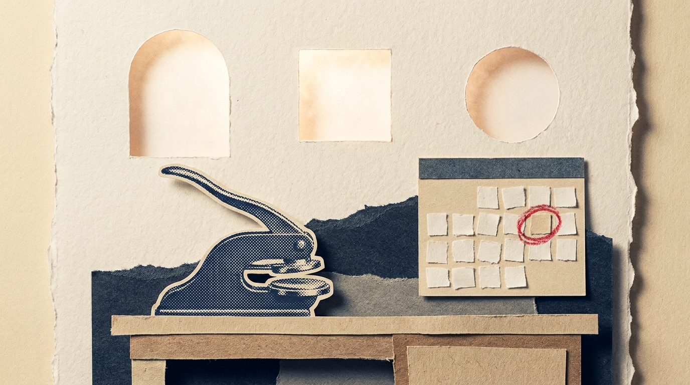 Paper collage: three glowing mail slots in a cream wall above a desk with a notary press and a calendar with one square circled in red