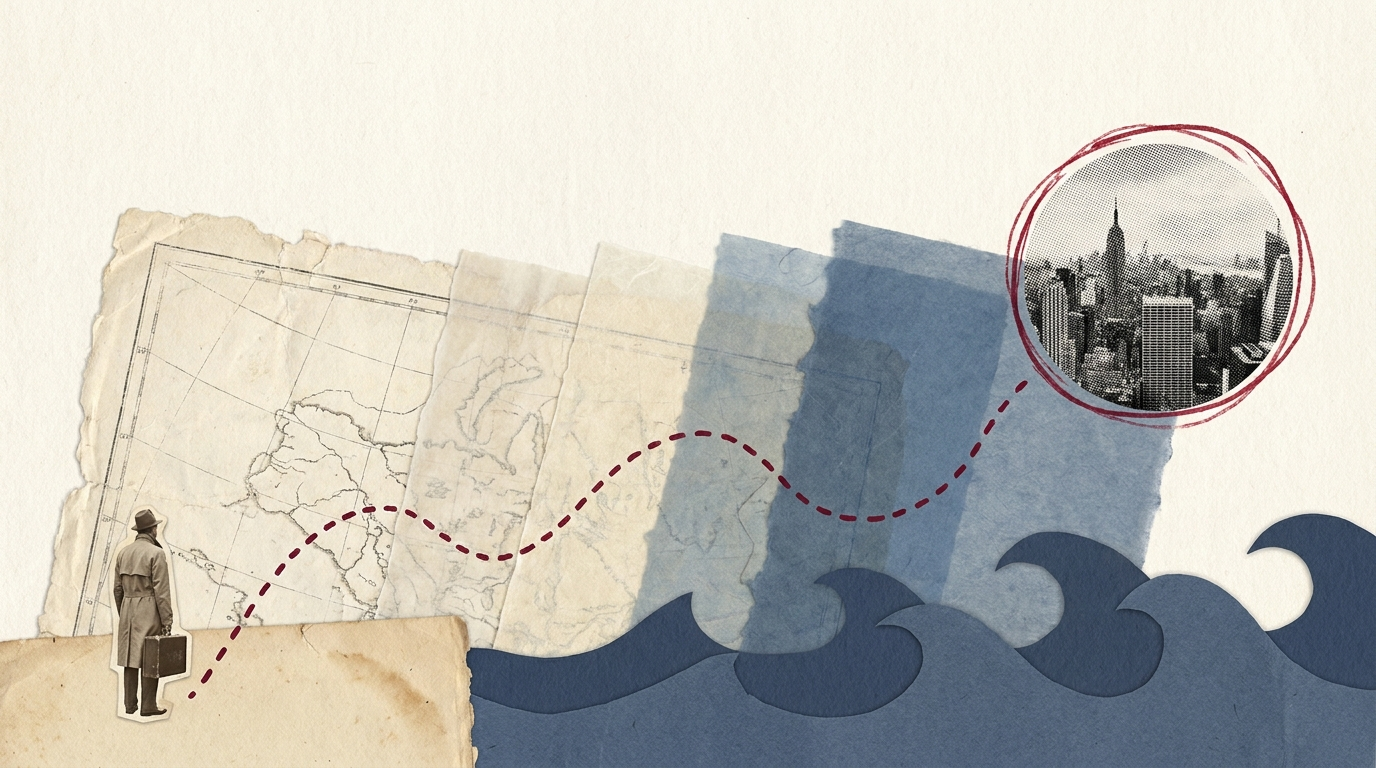 Paper collage: a map unfolds into five layers as a dotted line crosses paper waves from a small traveler toward a halftone Manhattan skyline circled in ink